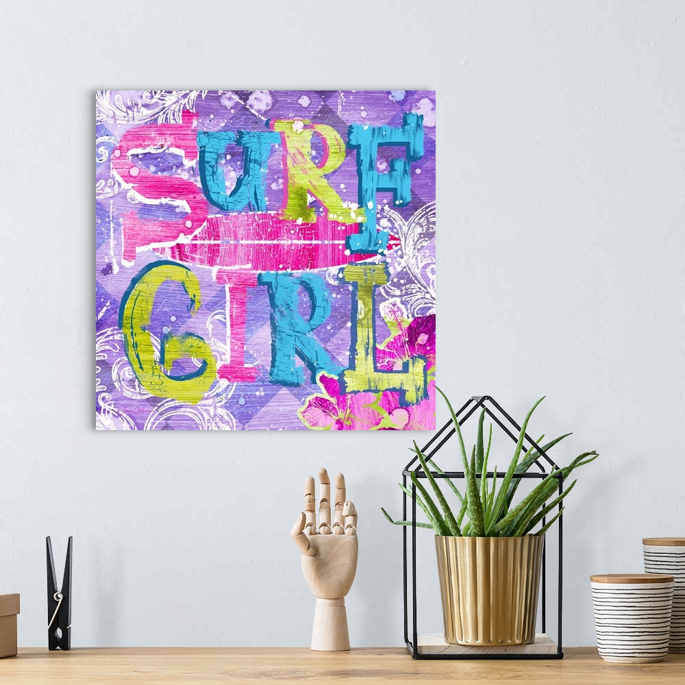 A bohemian room featuring Fun and colorful surfer art perfect for any teen girl's room.