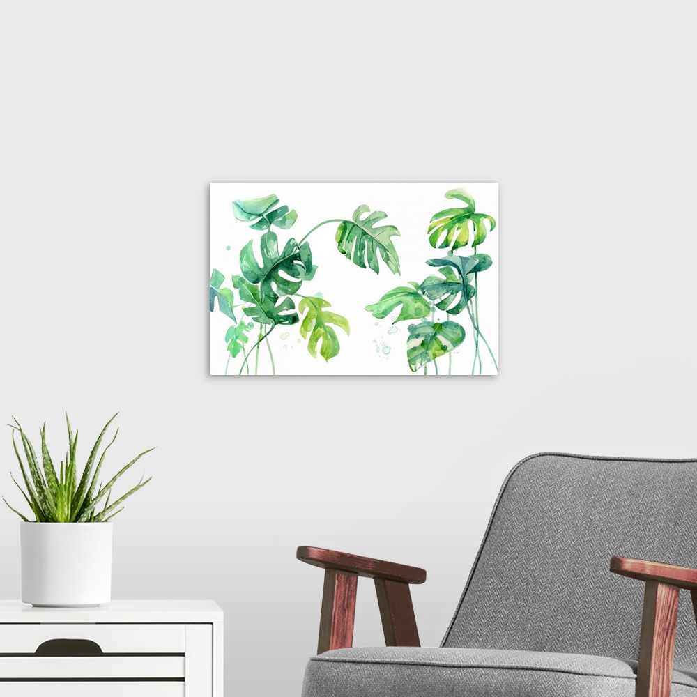 A modern room featuring Large painting of tropical palm leaves in shades of green and blue on a white background.