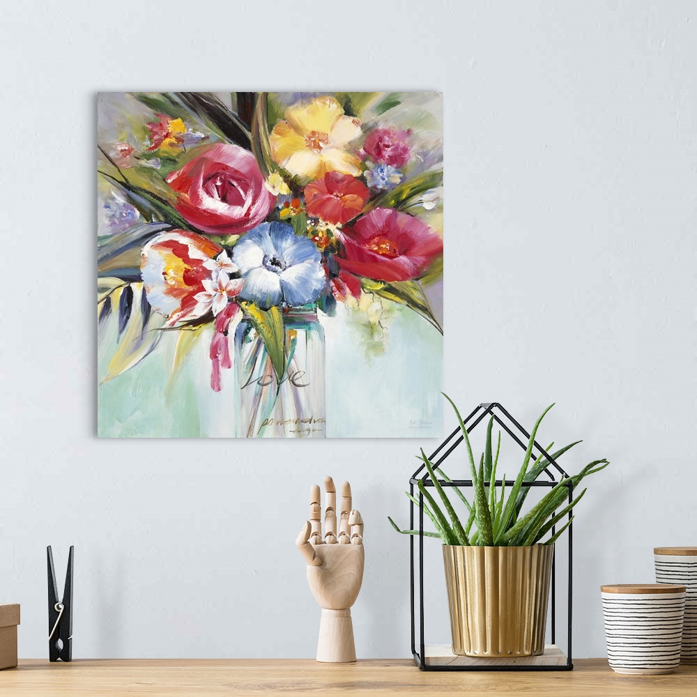A bohemian room featuring Contemporary artwork of a colorful bouquet of flowers in a clear mason jar.