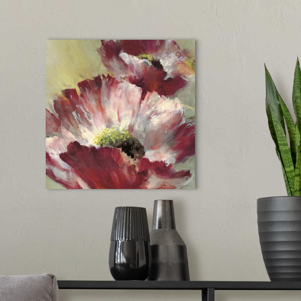 A modern room featuring Contemporary painting of a red poppy flower.