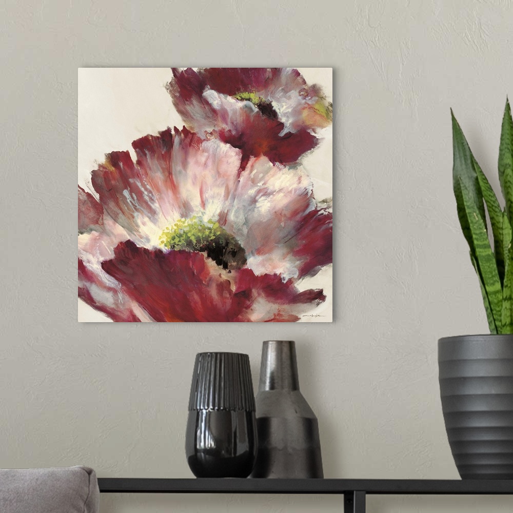 A modern room featuring Contemporary painting of a red poppy flower.