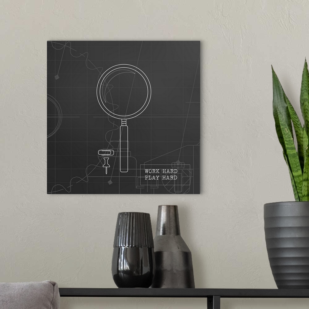 A modern room featuring Illustration of a magnifying glass, a tack, and a paperclip in a black and white blueprint style ...