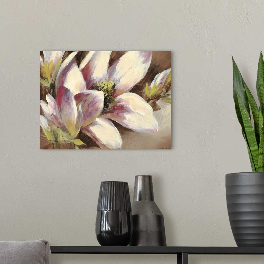A modern room featuring Contemporary painting of a pink magnolia flower.