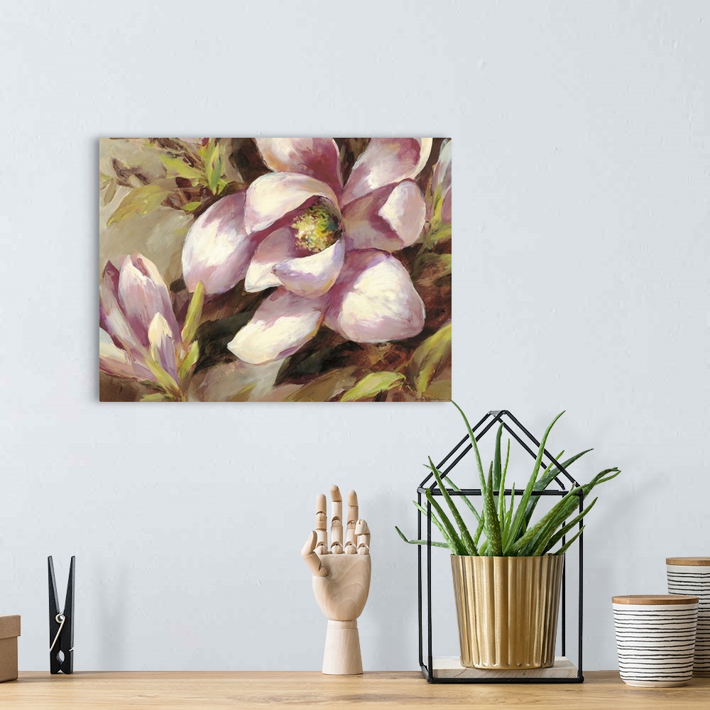 A bohemian room featuring Contemporary painting of a pink magnolia flower.