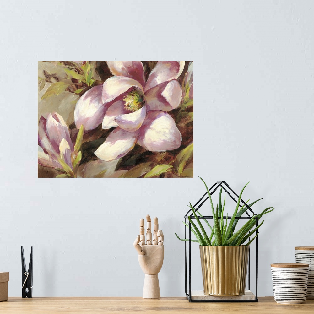 A bohemian room featuring Contemporary painting of a pink magnolia flower.