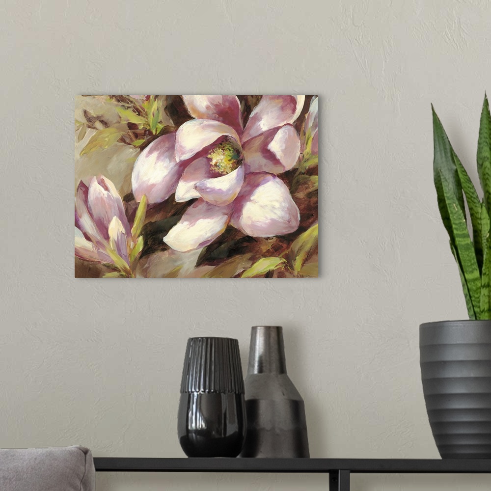A modern room featuring Contemporary painting of a pink magnolia flower.