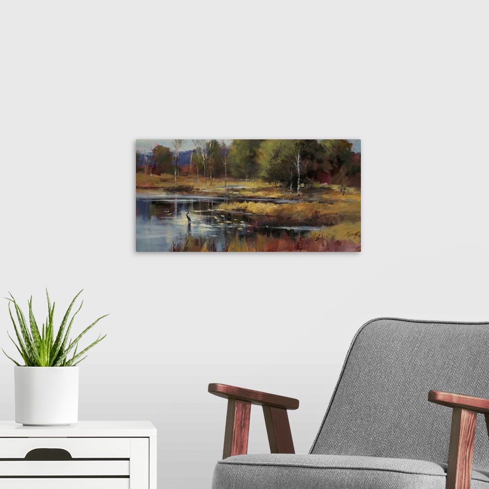A modern room featuring Contemporary painting of a heron standing in shallow water in a marsh.