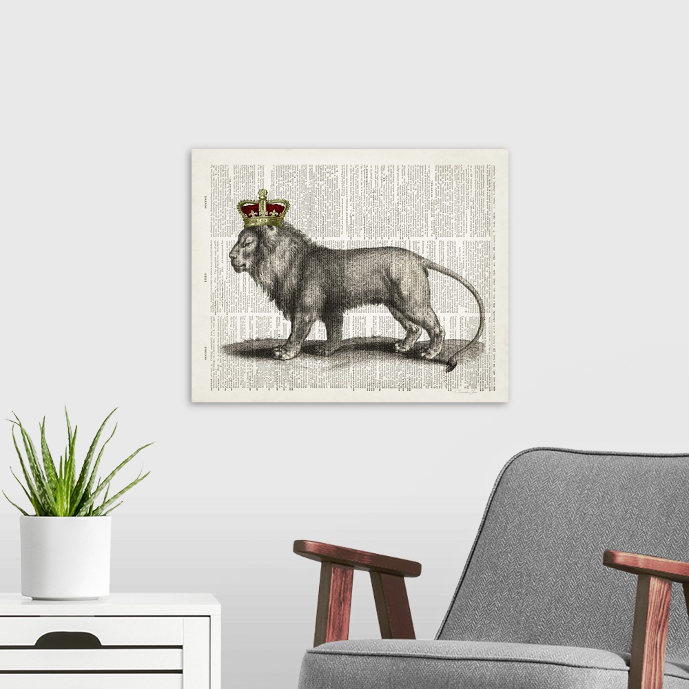 A modern room featuring Vintage illustration of a lion wearing a crown on a dictionary page.