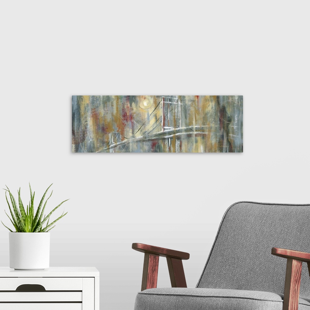A modern room featuring Contemporary painting of a bridge in Manahattan, New York City, under a pale moon.
