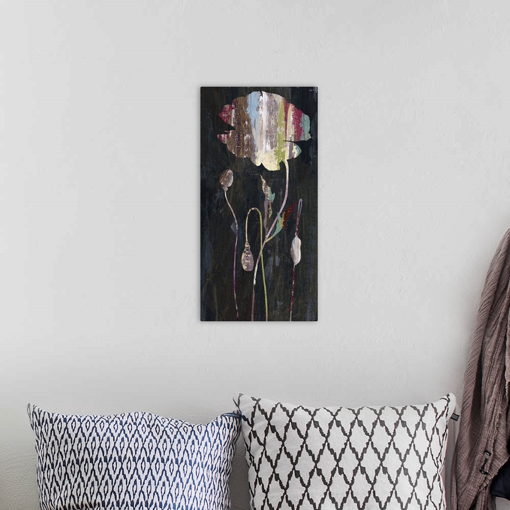 A bohemian room featuring Contemporary painting of a colorful flower silhouette on dark grey.