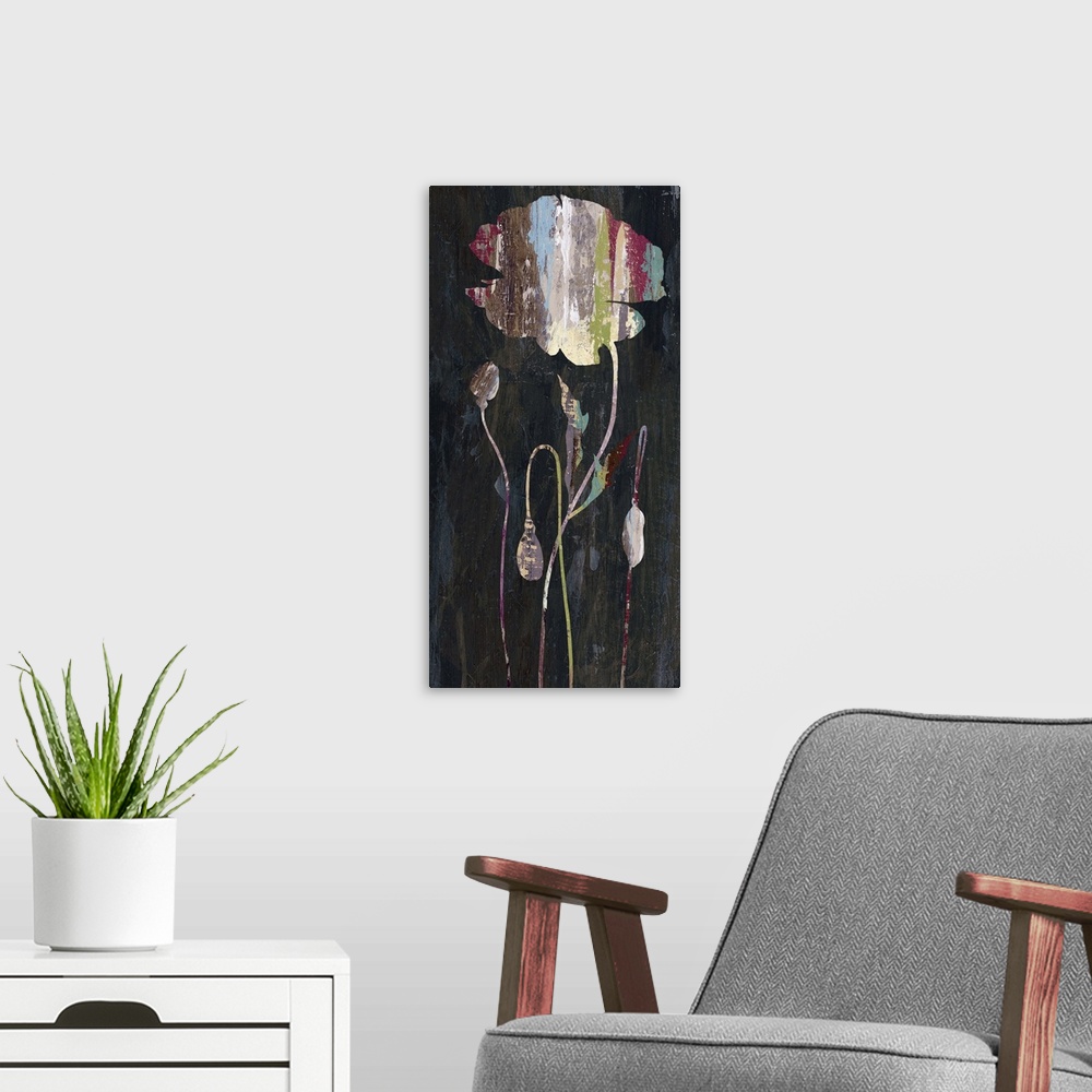 A modern room featuring Contemporary painting of a colorful flower silhouette on dark grey.