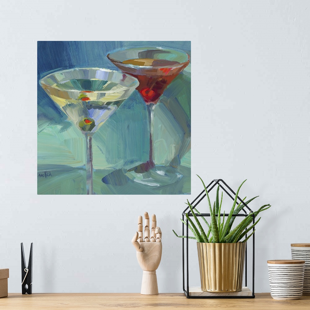 A bohemian room featuring Contemporary painting of colorful cocktails against a dark blue background.