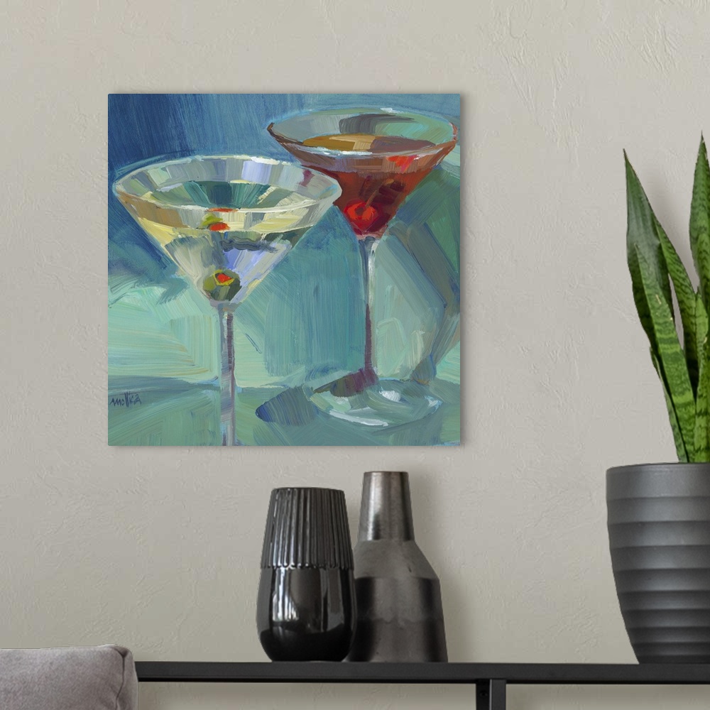 A modern room featuring Contemporary painting of colorful cocktails against a dark blue background.
