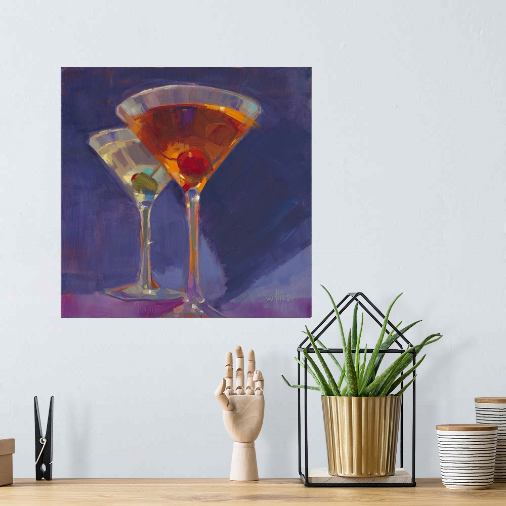 A bohemian room featuring Contemporary painting of colorful cocktails against a dark blue background.