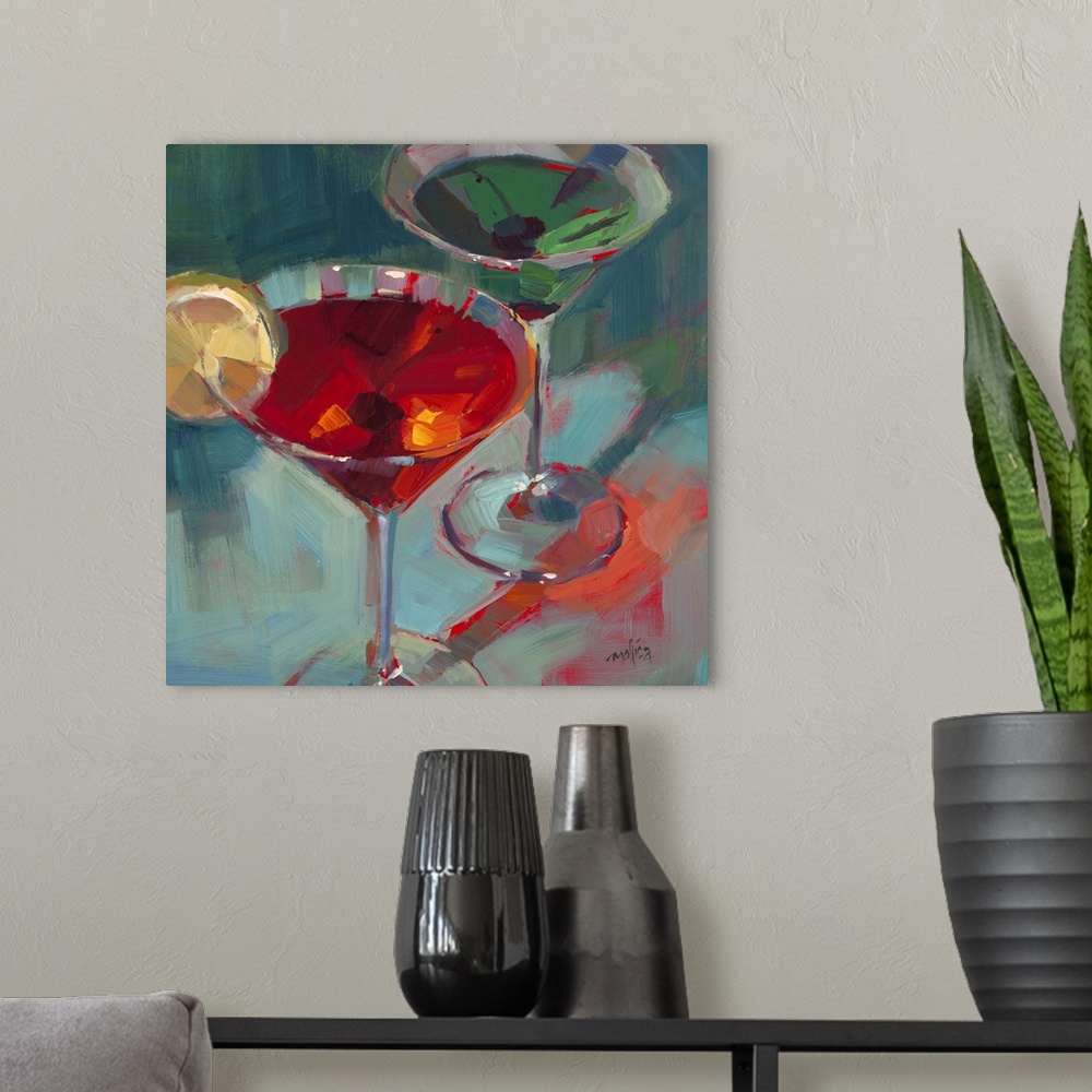 A modern room featuring Contemporary painting of colorful cocktails against a dark blue background.