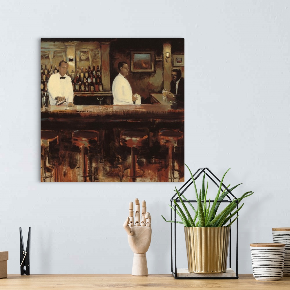 A bohemian room featuring Contemporary painting of two bartenders serving martinis to a bar patron.