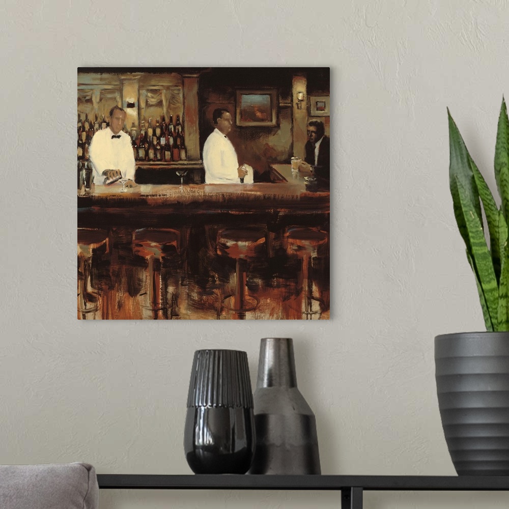 A modern room featuring Contemporary painting of two bartenders serving martinis to a bar patron.