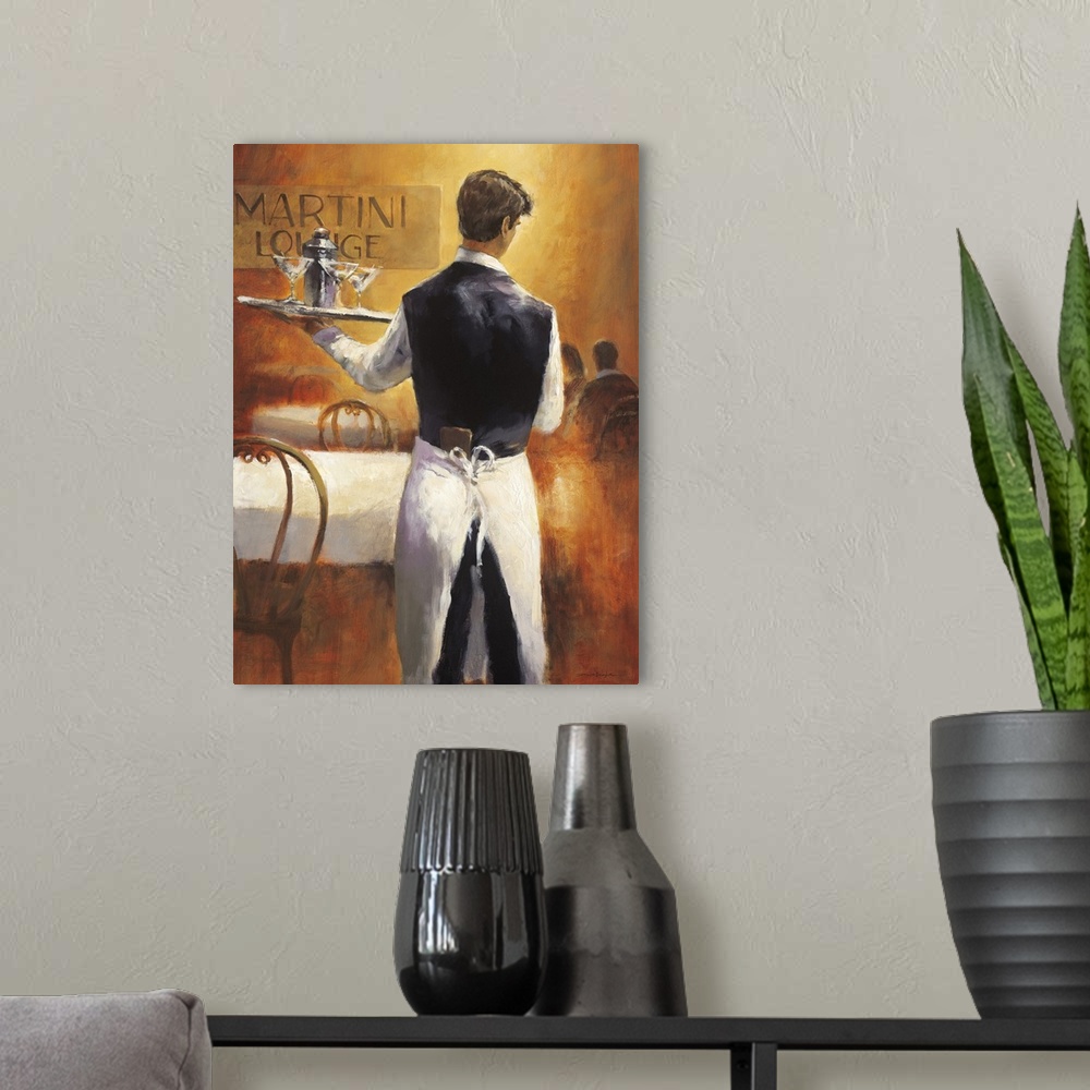 A modern room featuring Contemporary painting of a waiter holding a serving tray of cocktails.