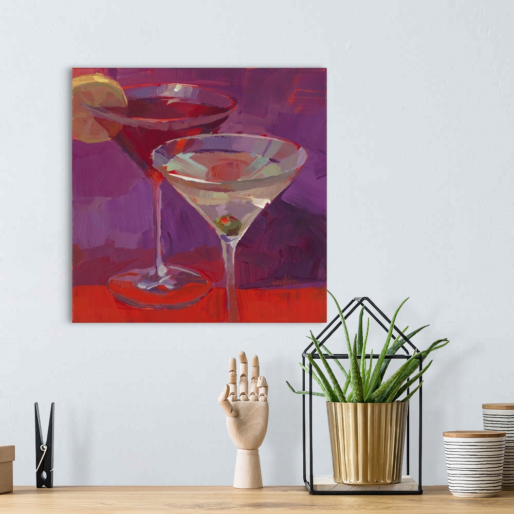 A bohemian room featuring Contemporary painting of colorful cocktails against a dark purple and red background.
