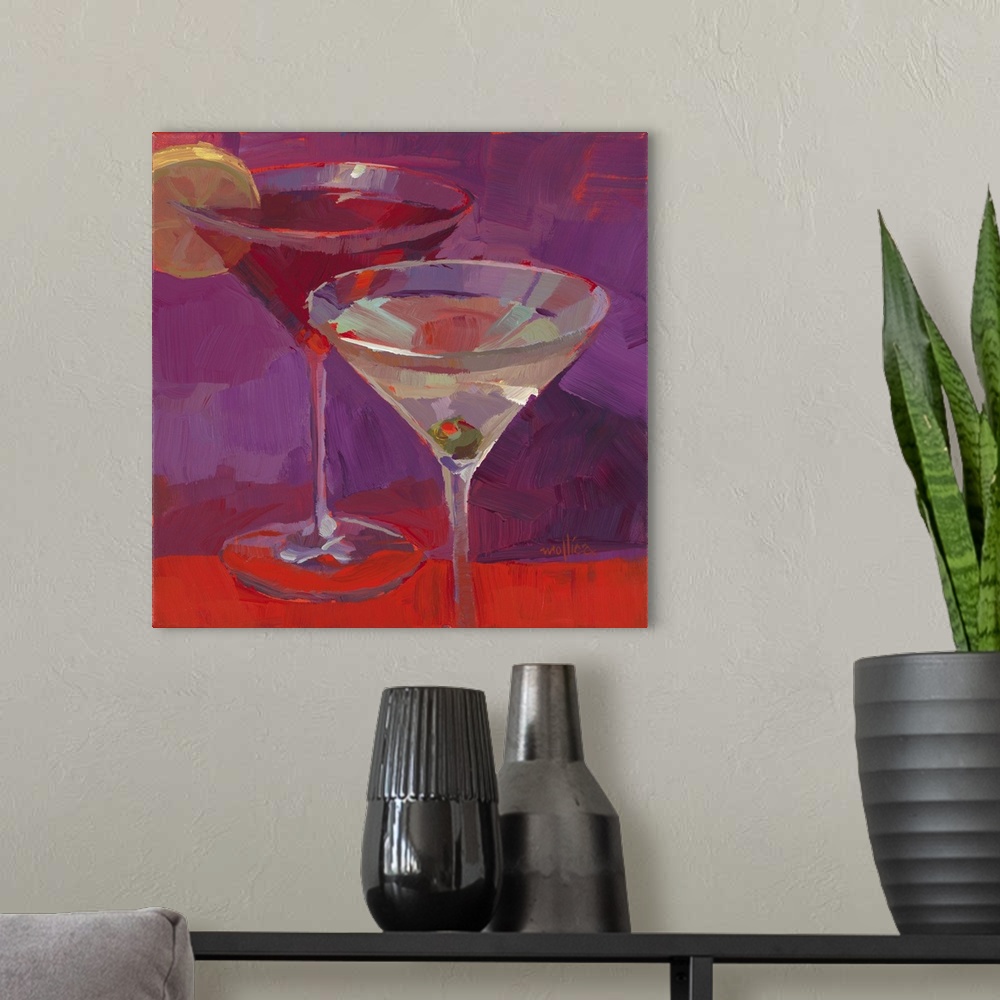 A modern room featuring Contemporary painting of colorful cocktails against a dark purple and red background.