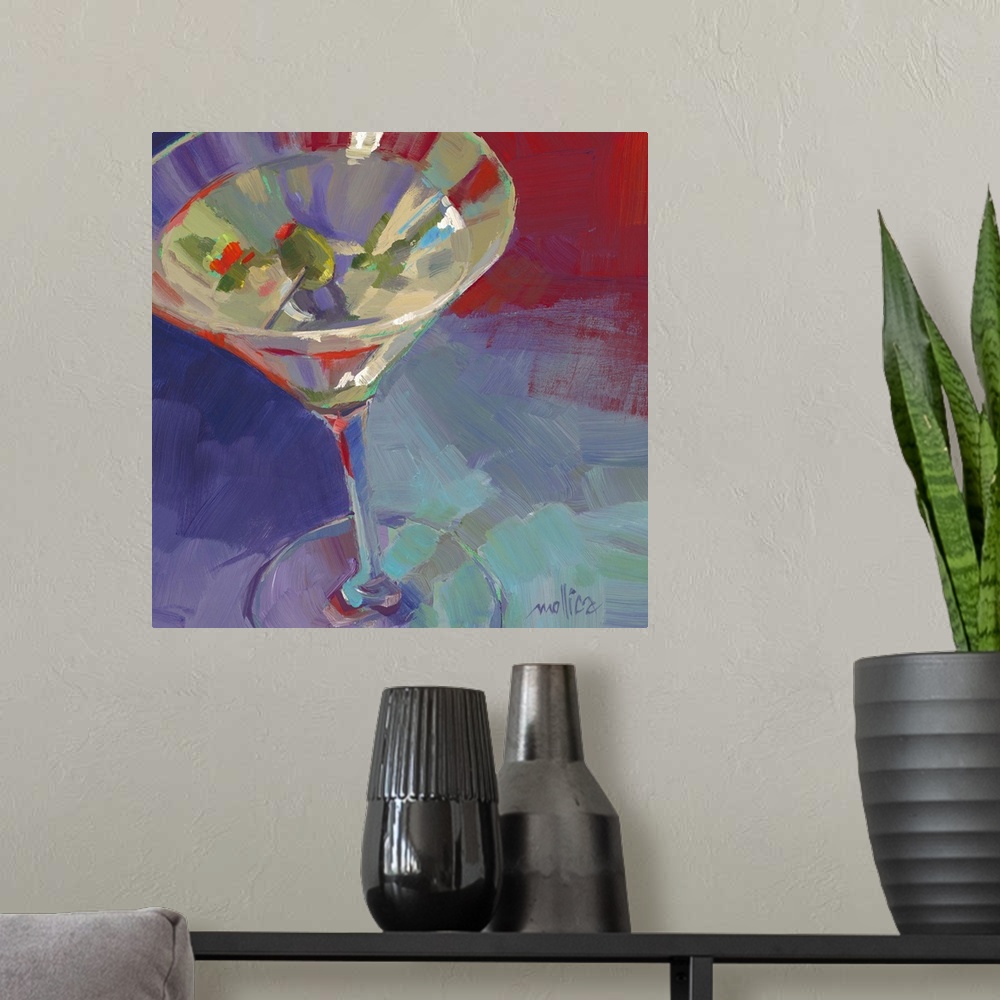 A modern room featuring Contemporary painting of a cocktail against a dark blue background.