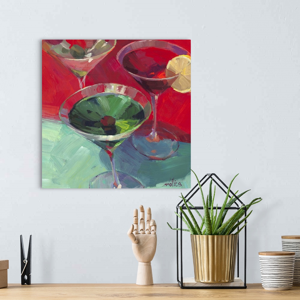 A bohemian room featuring Contemporary painting of colorful cocktails against a dark red and green background.