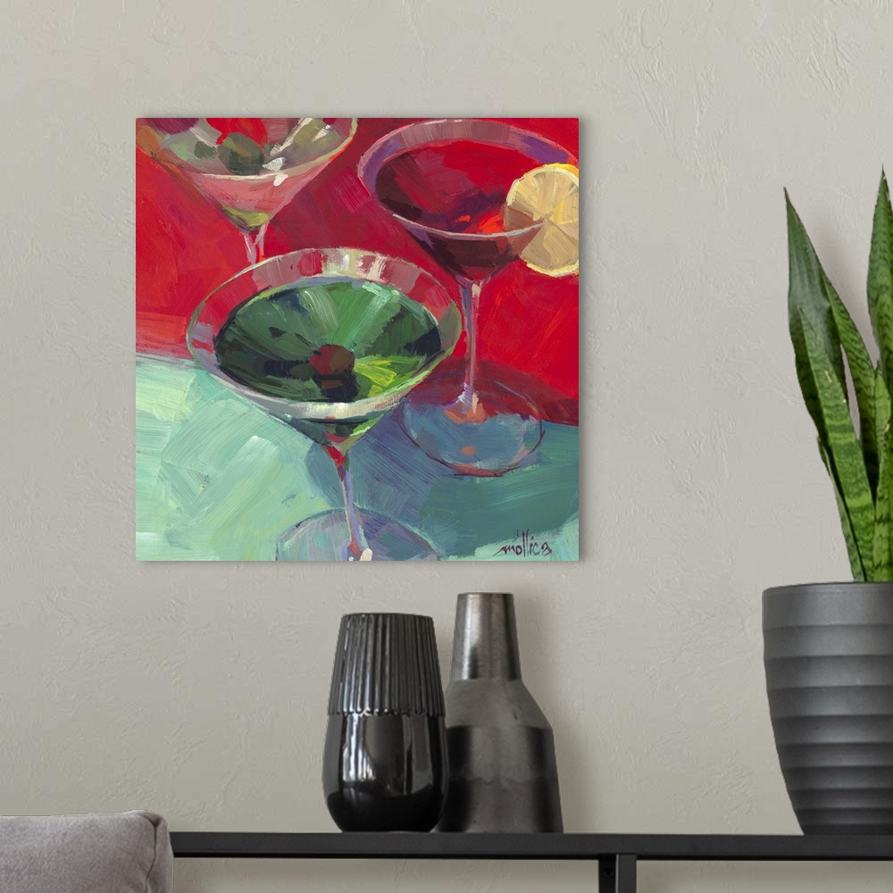 A modern room featuring Contemporary painting of colorful cocktails against a dark red and green background.