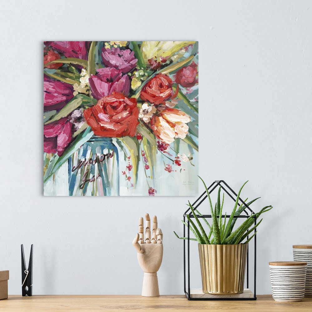 A bohemian room featuring Contemporary artwork of a bouquet of a colorful flowers in a mason jar.