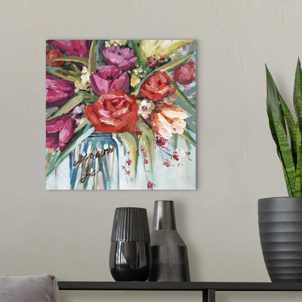 A modern room featuring Contemporary artwork of a bouquet of a colorful flowers in a mason jar.