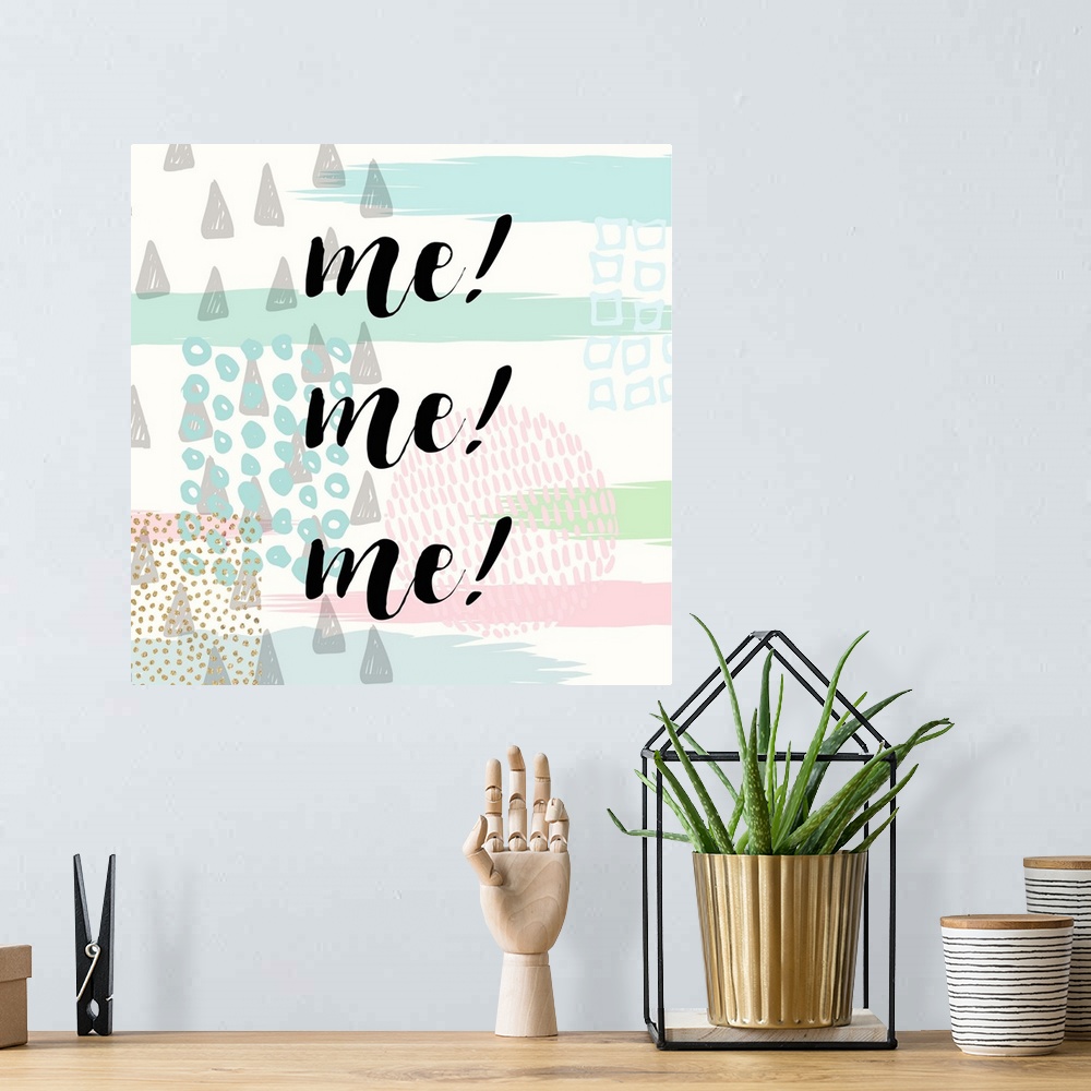 A bohemian room featuring Black handlettered text on a boho background of dots, stripes, and triangular shapes.