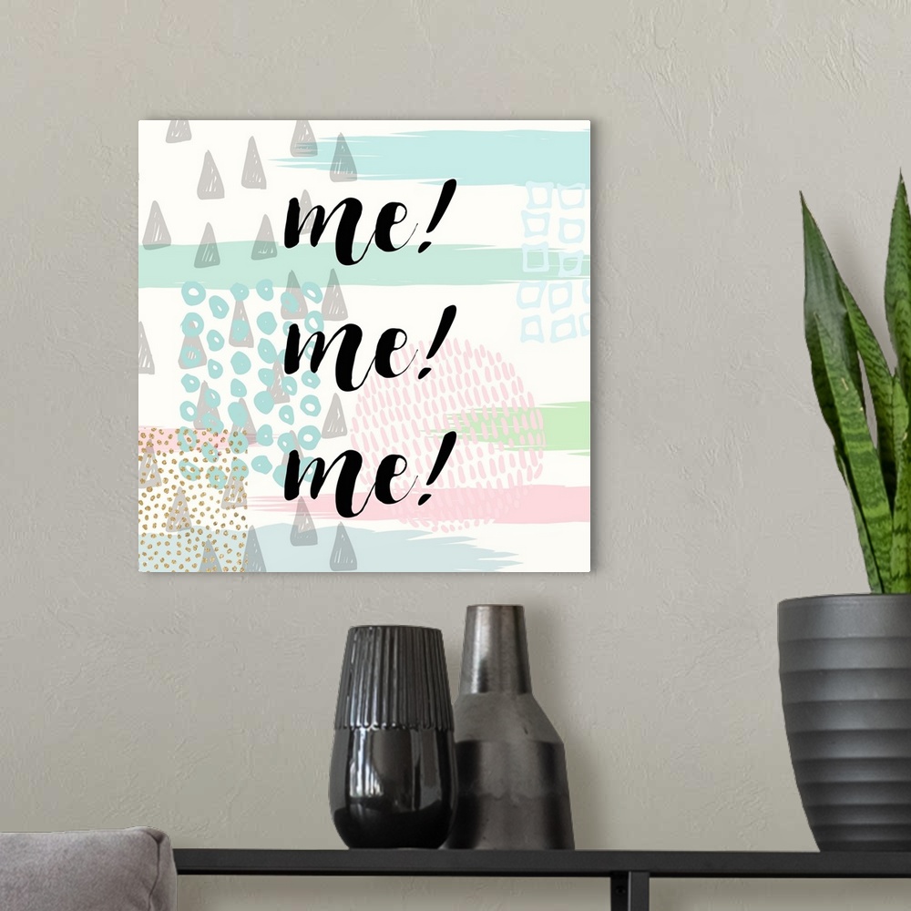 A modern room featuring Black handlettered text on a boho background of dots, stripes, and triangular shapes.