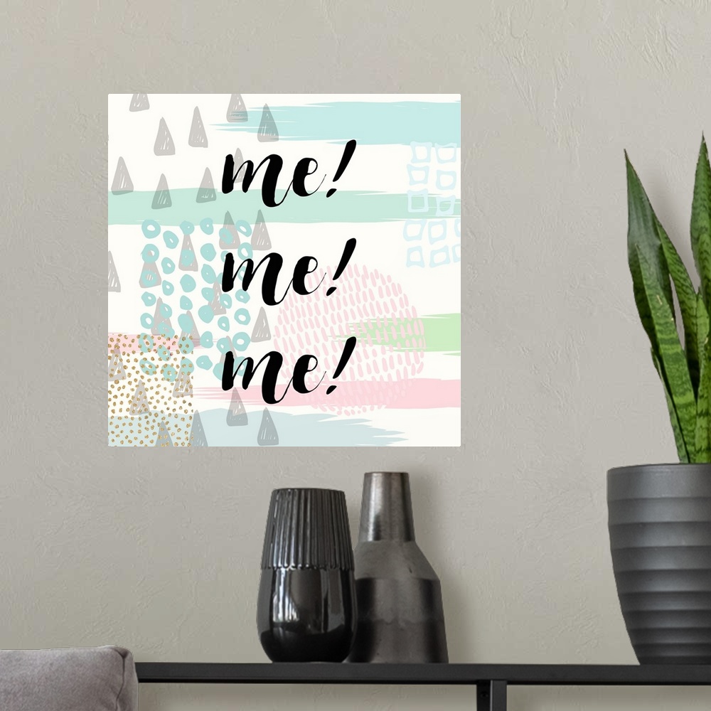 A modern room featuring Black handlettered text on a boho background of dots, stripes, and triangular shapes.