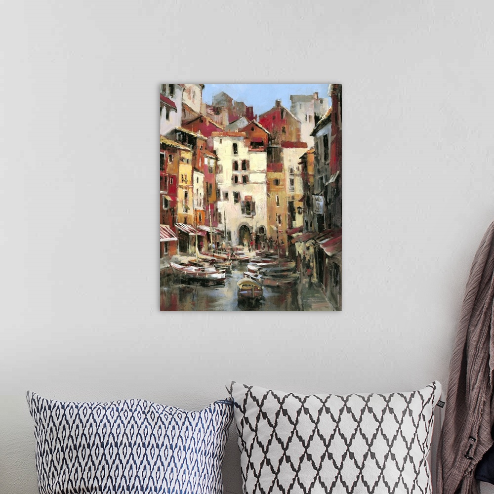 A bohemian room featuring Contemporary painting of a village corridor harbor with docked boats.