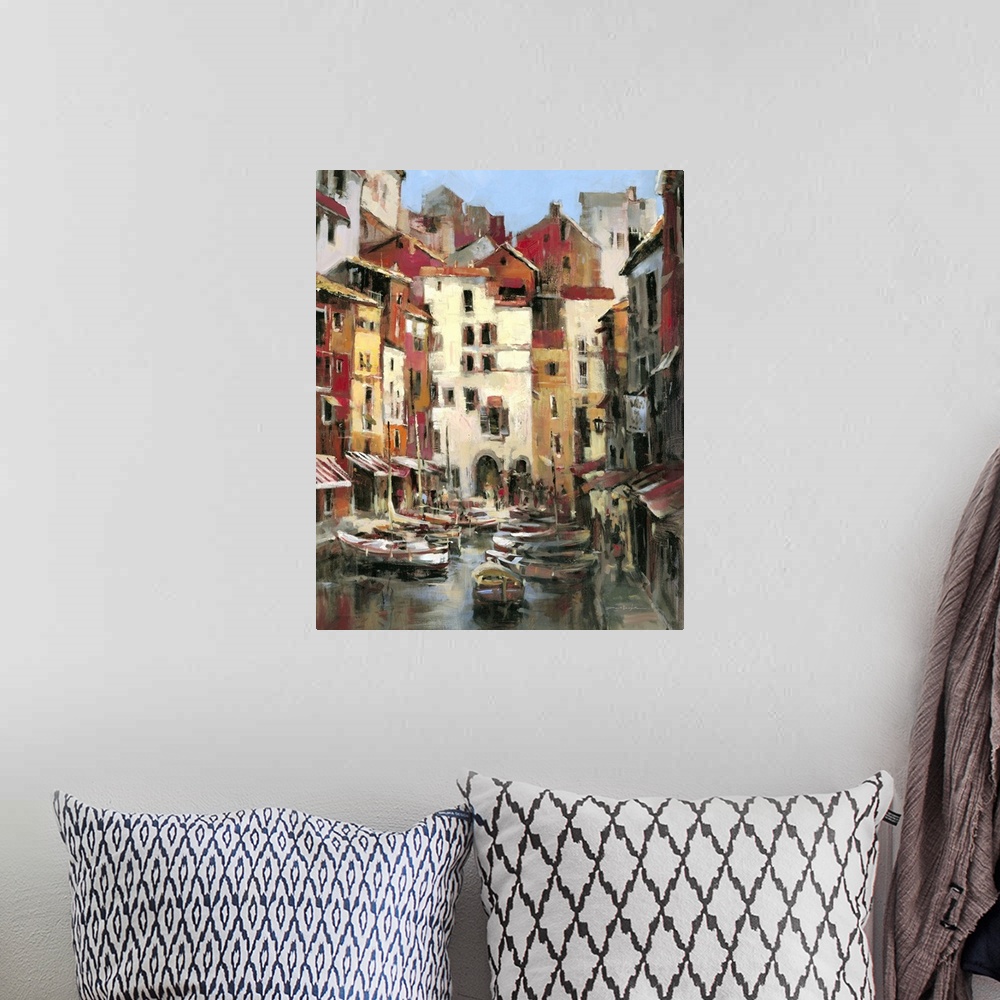 A bohemian room featuring Contemporary painting of a village corridor harbor with docked boats.