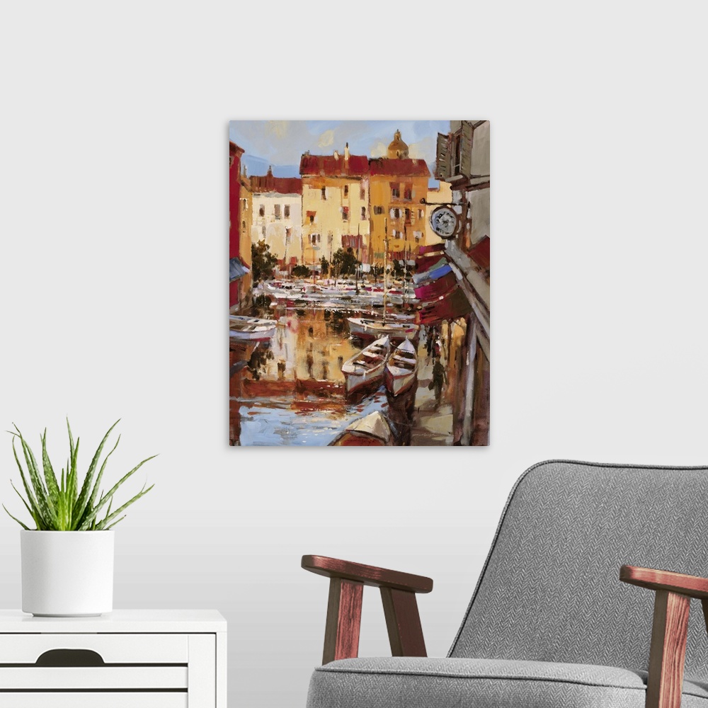 A modern room featuring Contemporary painting a coastal village harbor reflecting the colorful buildings that surround it.