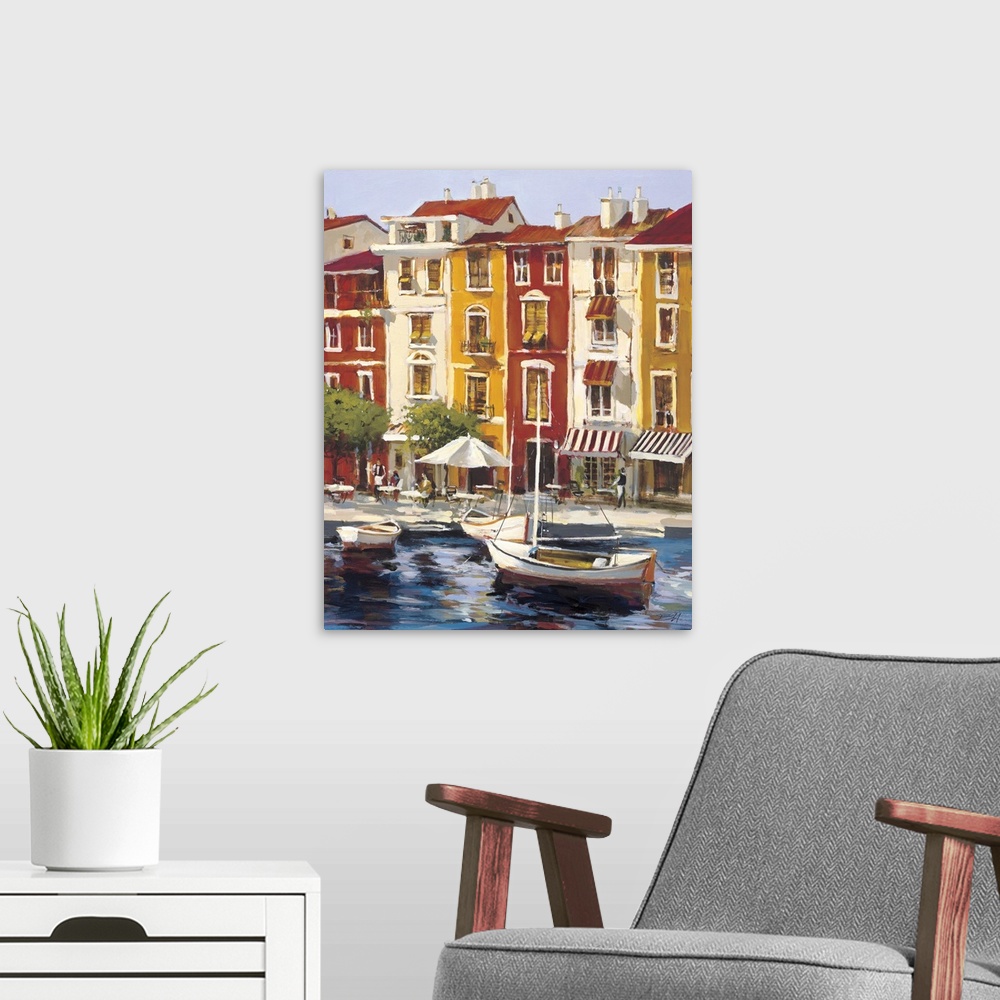 A modern room featuring Contemporary painting of city waterfront filled with boats.