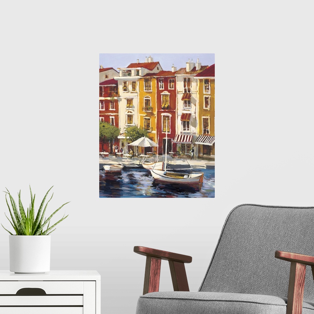 A modern room featuring Contemporary painting of city waterfront filled with boats.