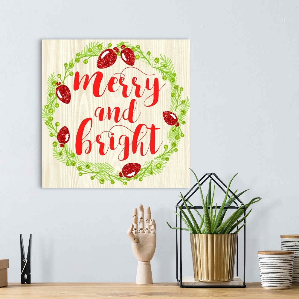 A bohemian room featuring "Merry and Bright" written in red inside of a Christmas wreath on a faux wood background.