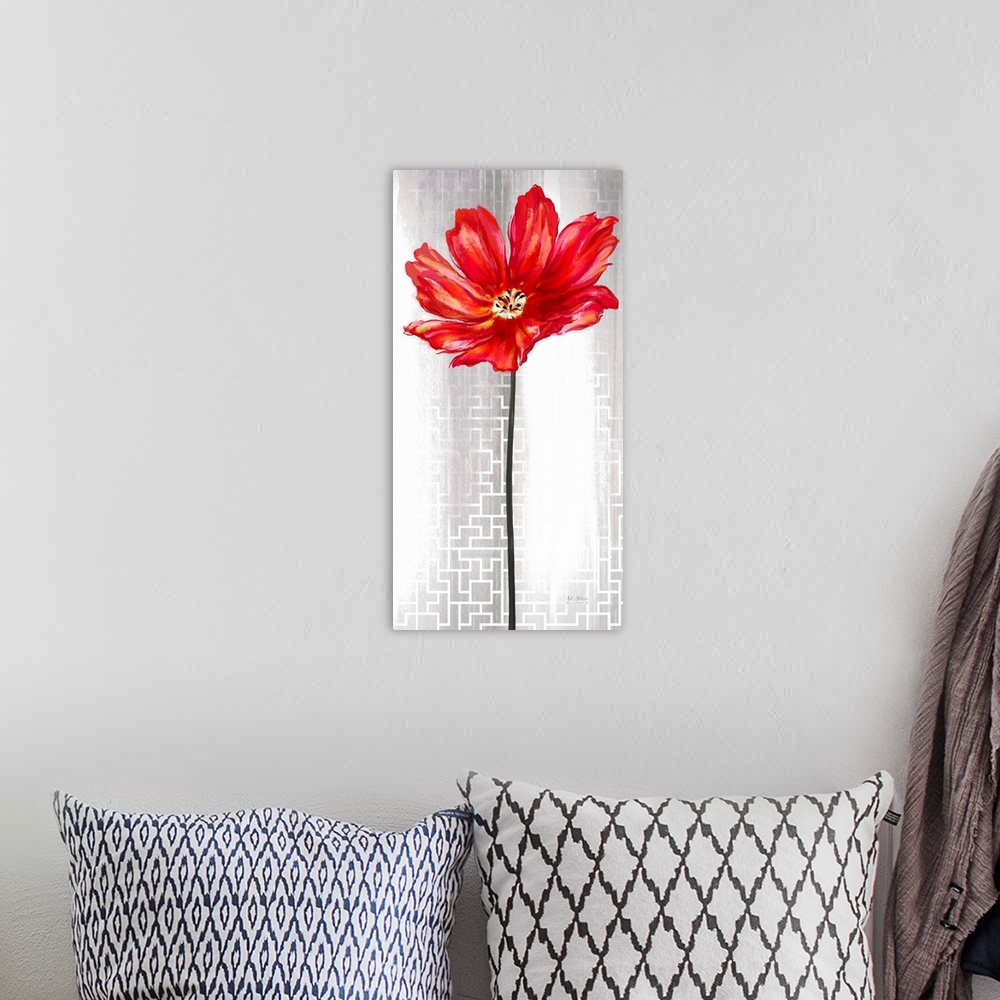 A bohemian room featuring Contemporary home decor art of a red flower against a silver patterned background.