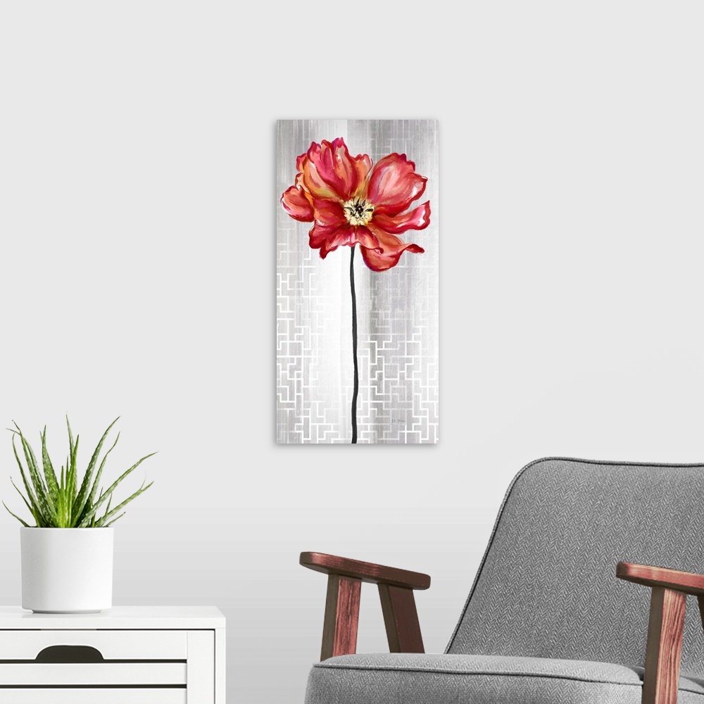 A modern room featuring Contemporary home decor art of a red flower against a silver patterned background.
