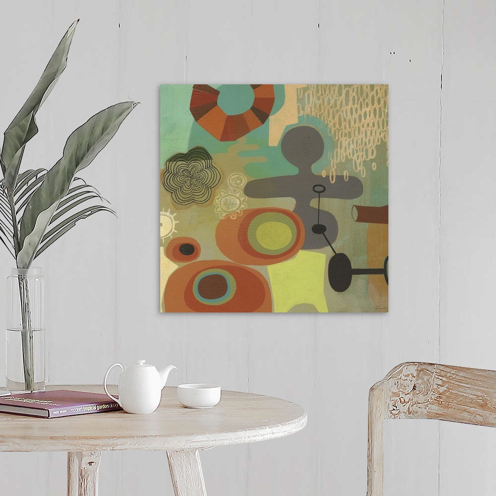 A farmhouse room featuring Contemporary painting with a retro feel of colorful shapes and patterns.