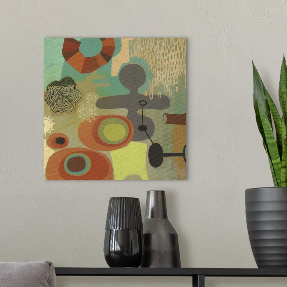 A modern room featuring Contemporary painting with a retro feel of colorful shapes and patterns.