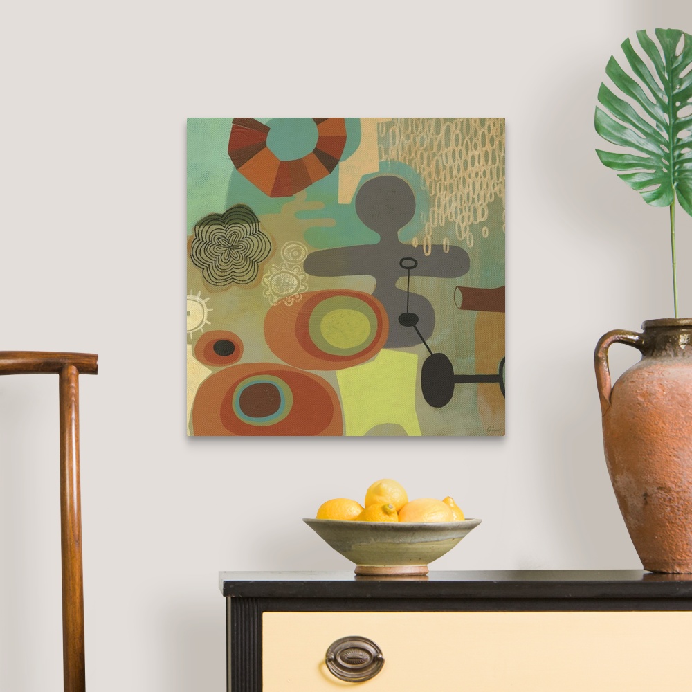 A traditional room featuring Contemporary painting with a retro feel of colorful shapes and patterns.