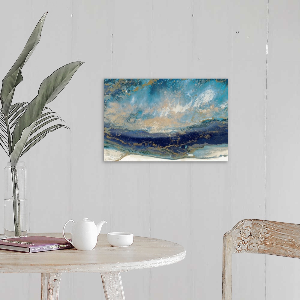 A farmhouse room featuring Contemporary abstract artwork in blue and gold, resembling a seascape.