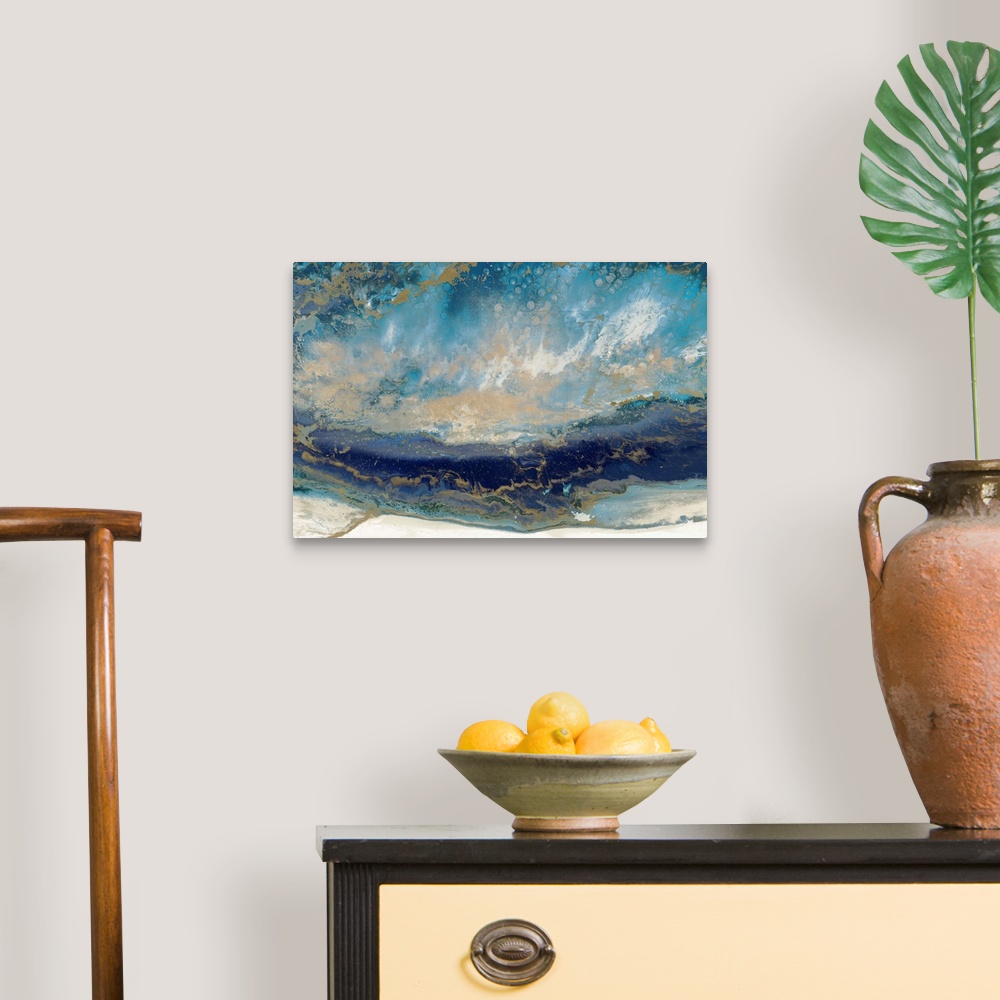 A traditional room featuring Contemporary abstract artwork in blue and gold, resembling a seascape.