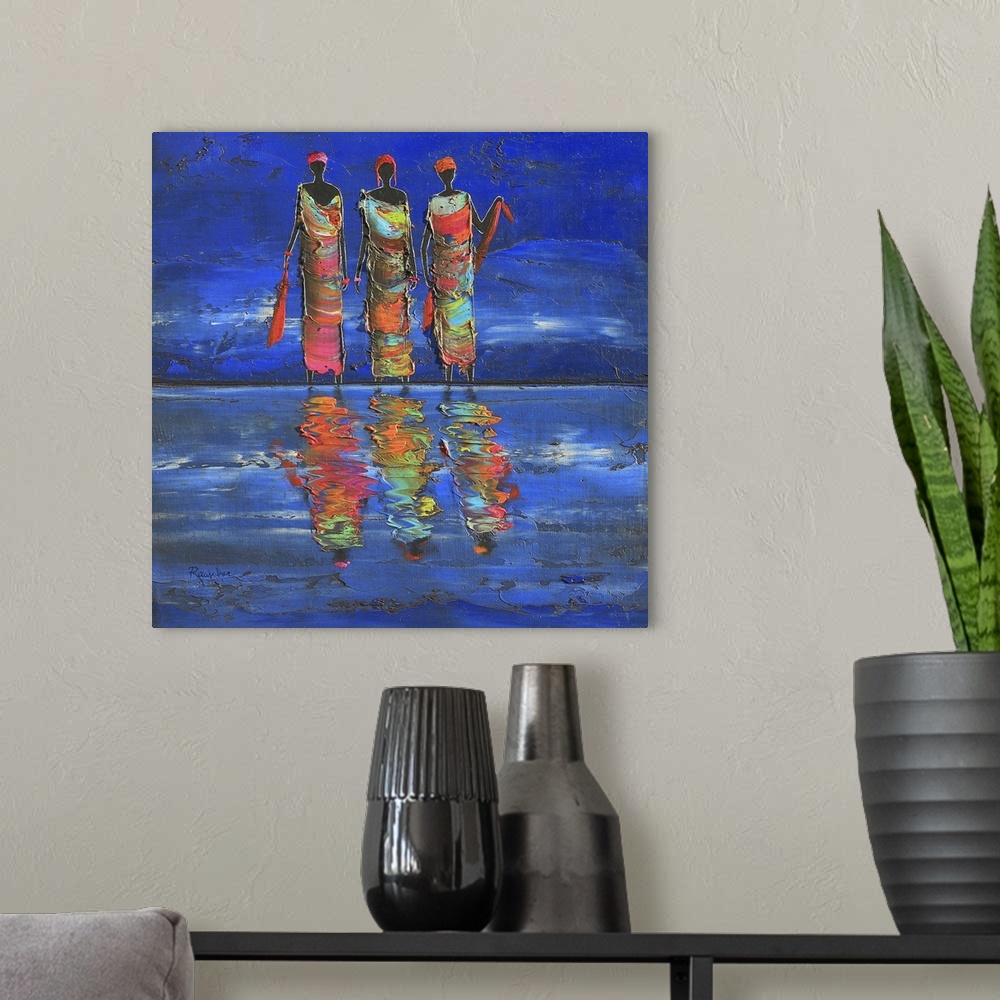 A modern room featuring Contemporary African art of three female figures casting reflections in a river.