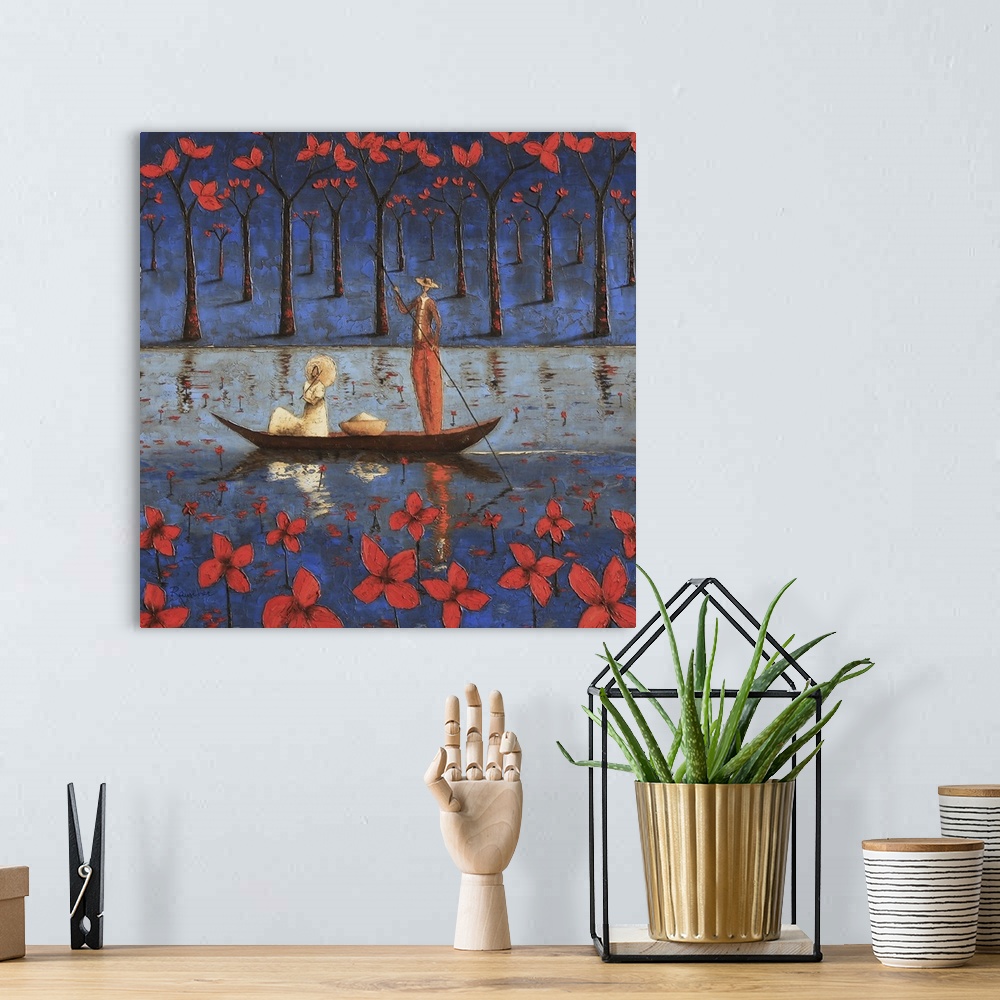 A bohemian room featuring Contemporary African art of woman sting in a boat while a man paddles, with vibrant red flowers i...
