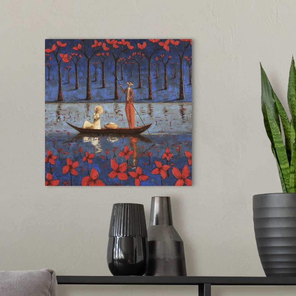 A modern room featuring Contemporary African art of woman sting in a boat while a man paddles, with vibrant red flowers i...