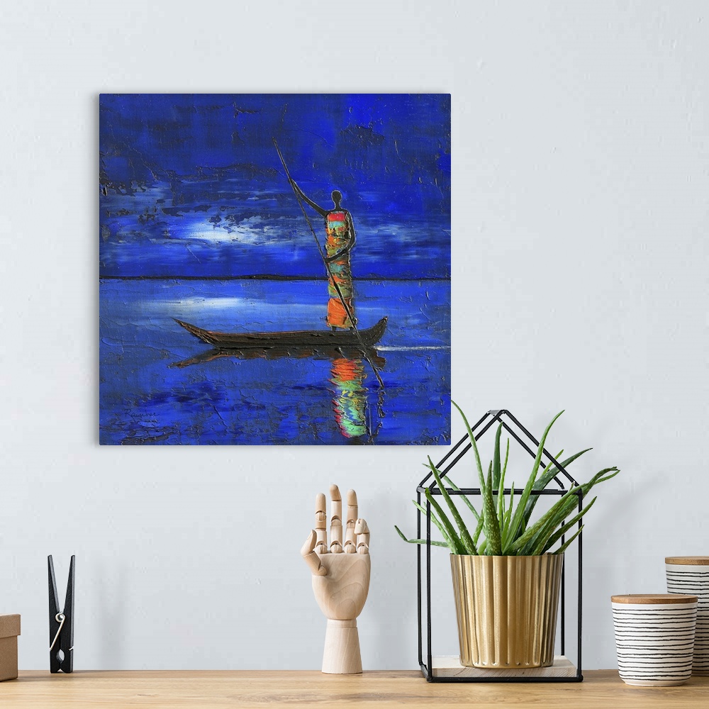 A bohemian room featuring Contemporary African art of a female figure standing at the end of a boat casting a reflection in...