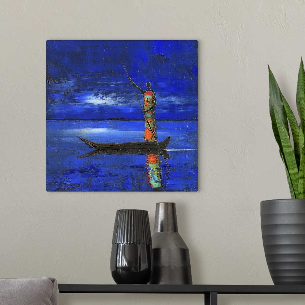 A modern room featuring Contemporary African art of a female figure standing at the end of a boat casting a reflection in...